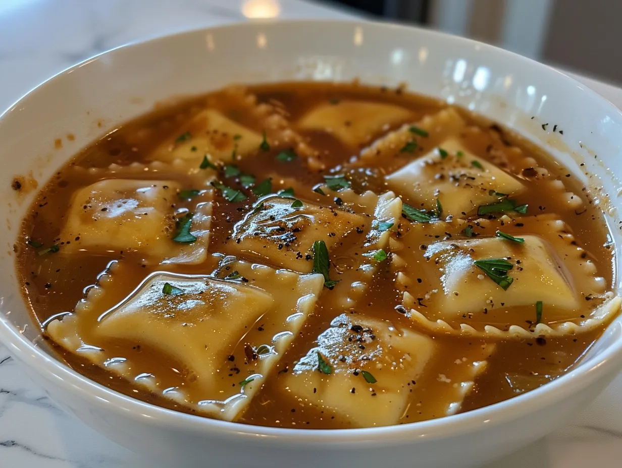 A cozy bowl of homemade ravioli soup garnished with fresh basil