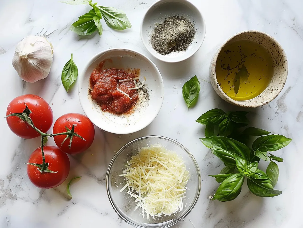 Raw ingredients for preparing Chicken Parmesan Soup including chicken breasts, olive oil, onion, garlic, oregano, basil, red pepper flakes, crushed tomatoes, chicken broth, heavy cream, Parmesan cheese, mozzarella cheese, salt, pepper, and basil leaves