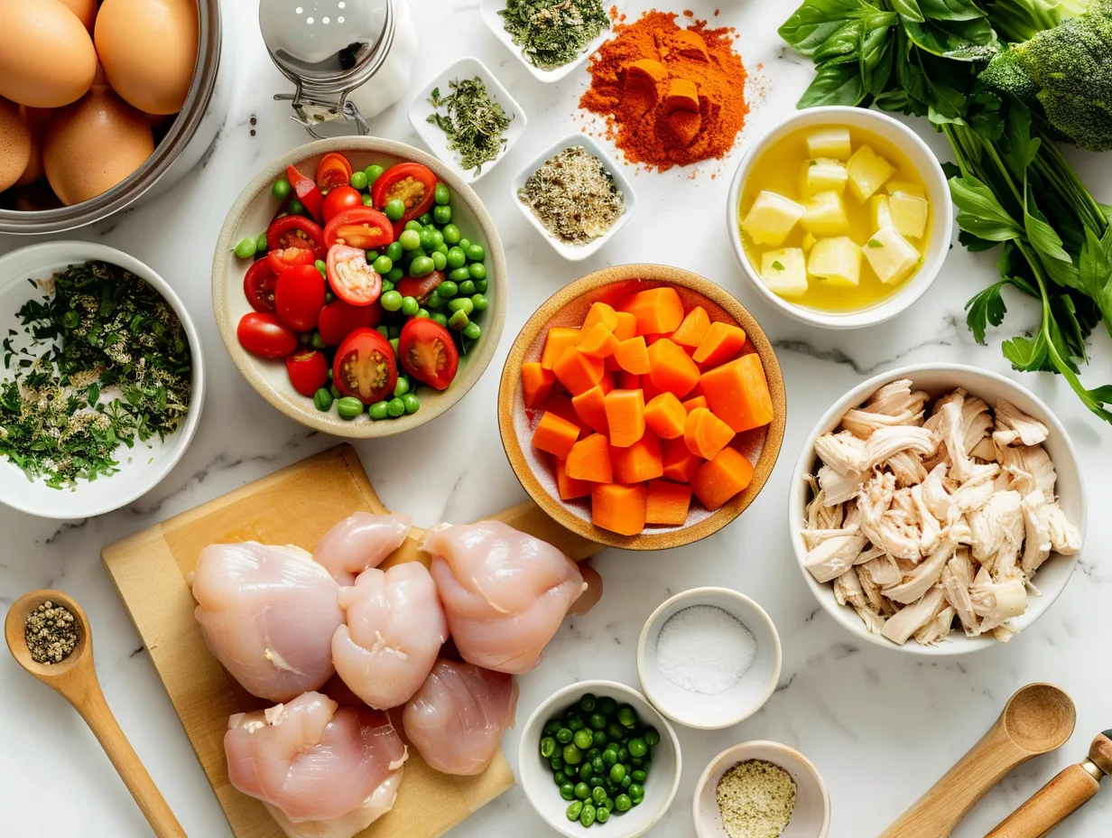 Ingredients for making chicken pot pie soup including vegetables, herbs, and spices