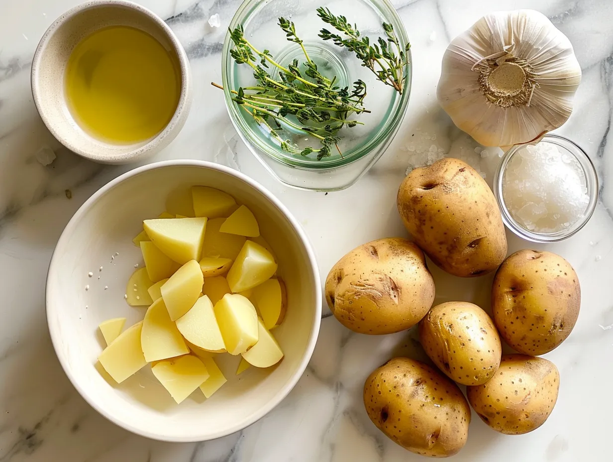Raw ingredients for Crock Pot Crack Potato Soup including potatoes, bacon, and spices.