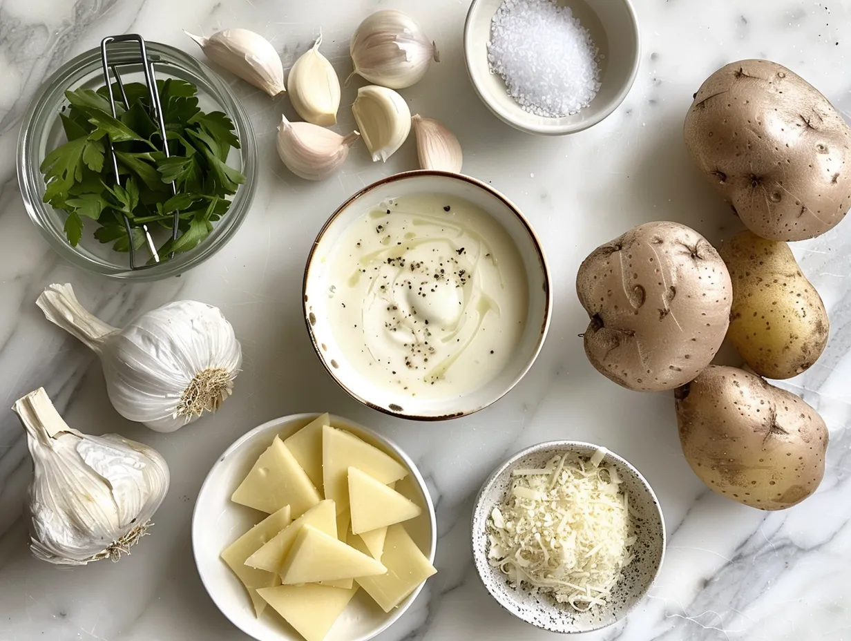 Raw ingredients including potatoes, garlic, cheddar cheese, and spices for Garlic Cheddar Potato Soup