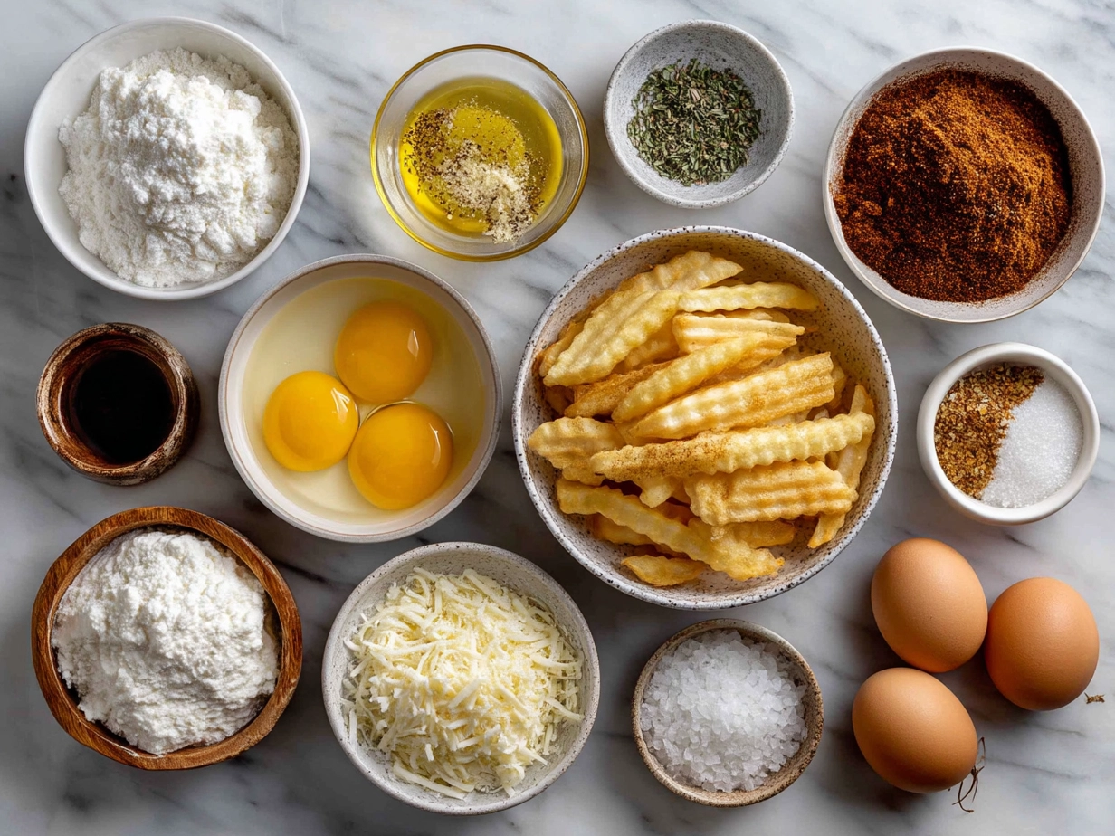 Ingredients for crispy Air Fryer Fries including potatoes, olive oil, and spices