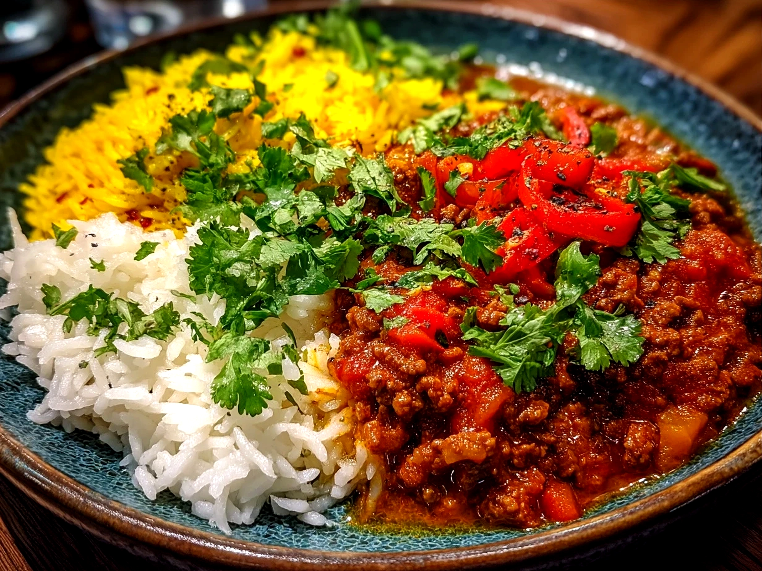 A bowl of delicious Aloo Keema Curry garnished with fresh cilantro served with naan