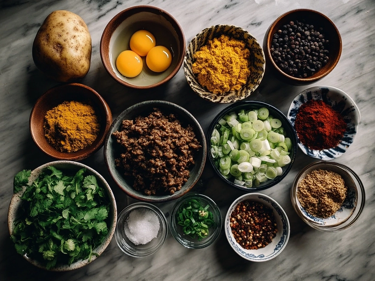 Ingredients for Aloo Keema Curry including minced lamb, potatoes, spices, and fresh herbs