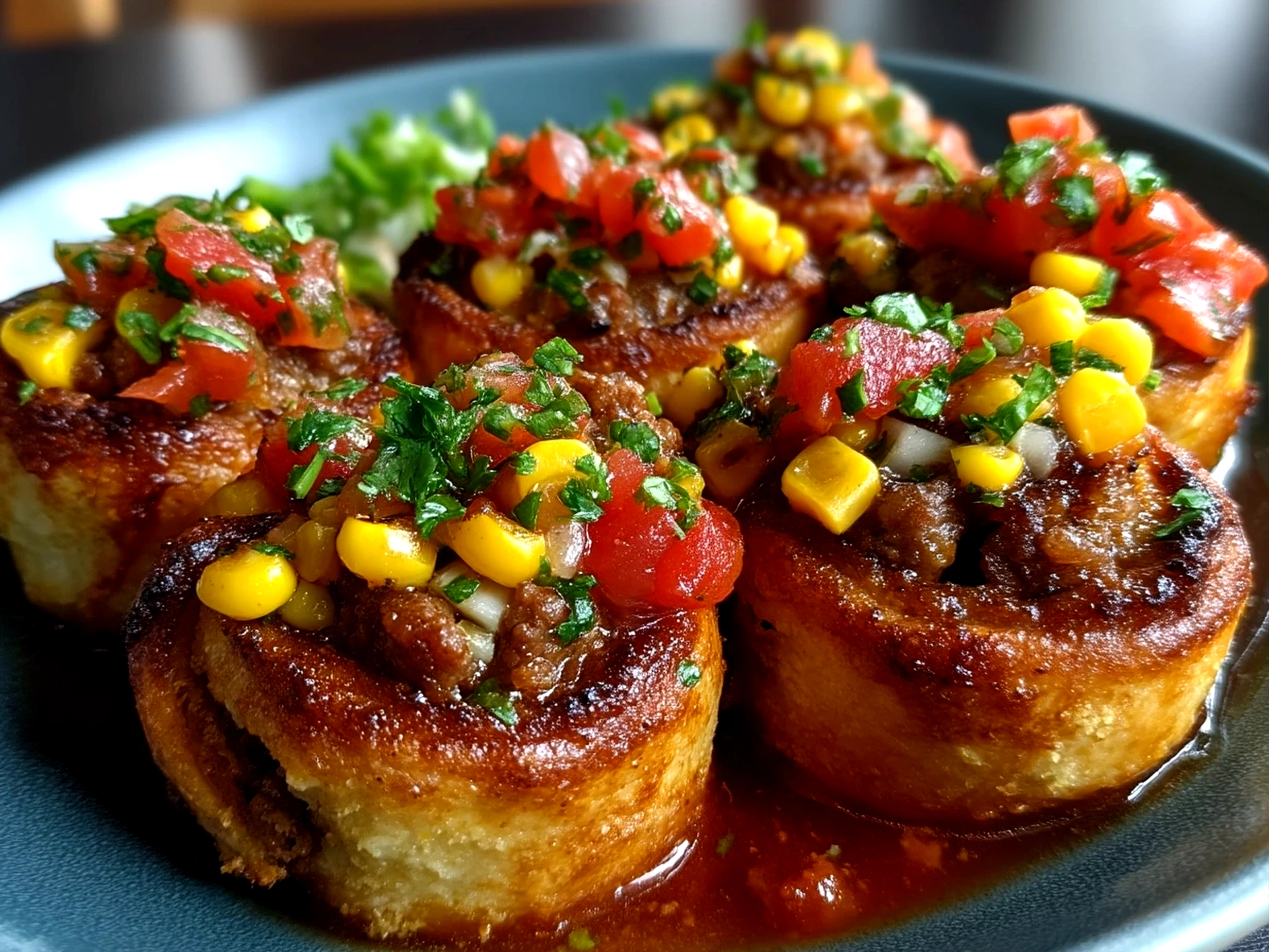 Close up of finished comforting Ground Beef Salsa Corn Roll Ups on a serving plate, warm and appetizing
