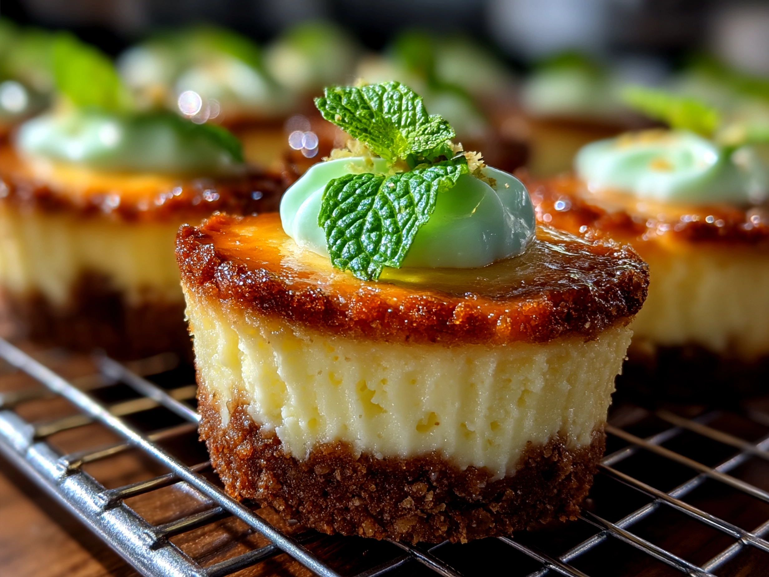 Served Andes Mint Mini Cheesecakes on a white platter with fresh mint leaves