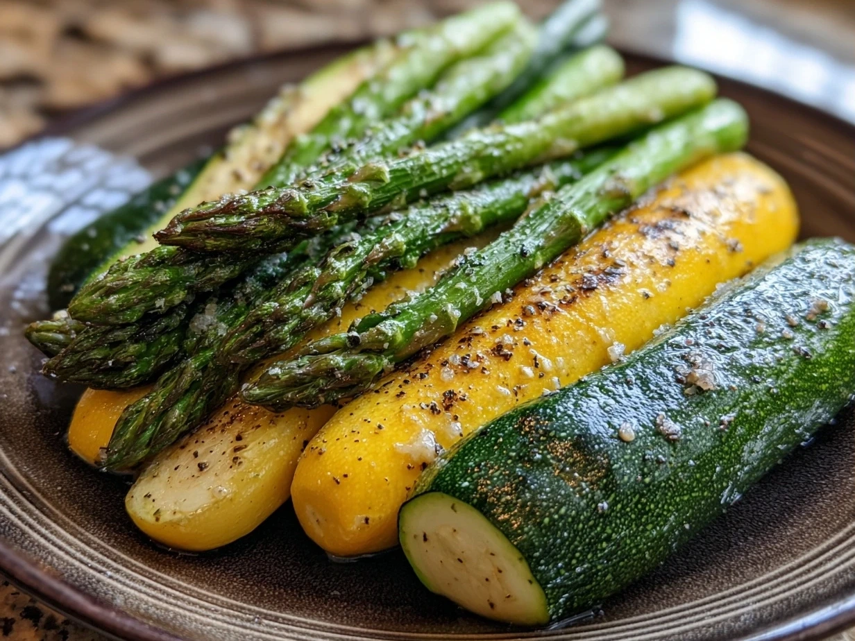 Finished Asparagus Zucchini Squash dish served on a platter, ready to be enjoyed