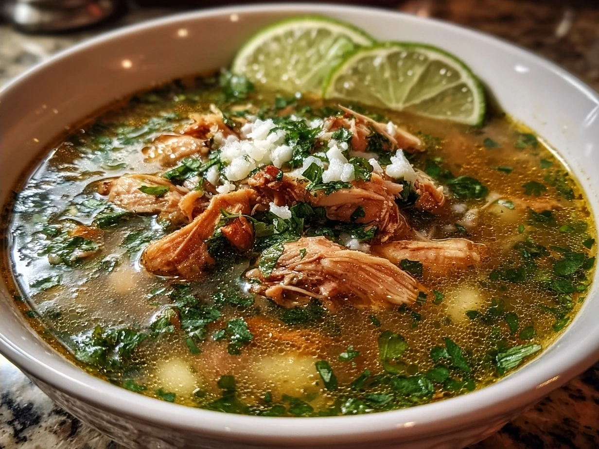 A bowl of Authentic Crockpot Chicken Pozole Verde garnished with radishes, cabbage, cilantro, and lime wedges