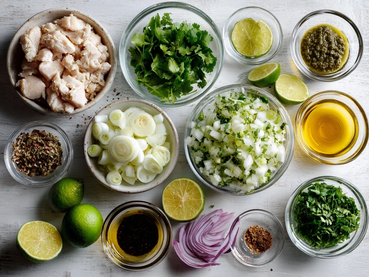 Ingredients for Authentic Crockpot Chicken Pozole Verde laid out on a table