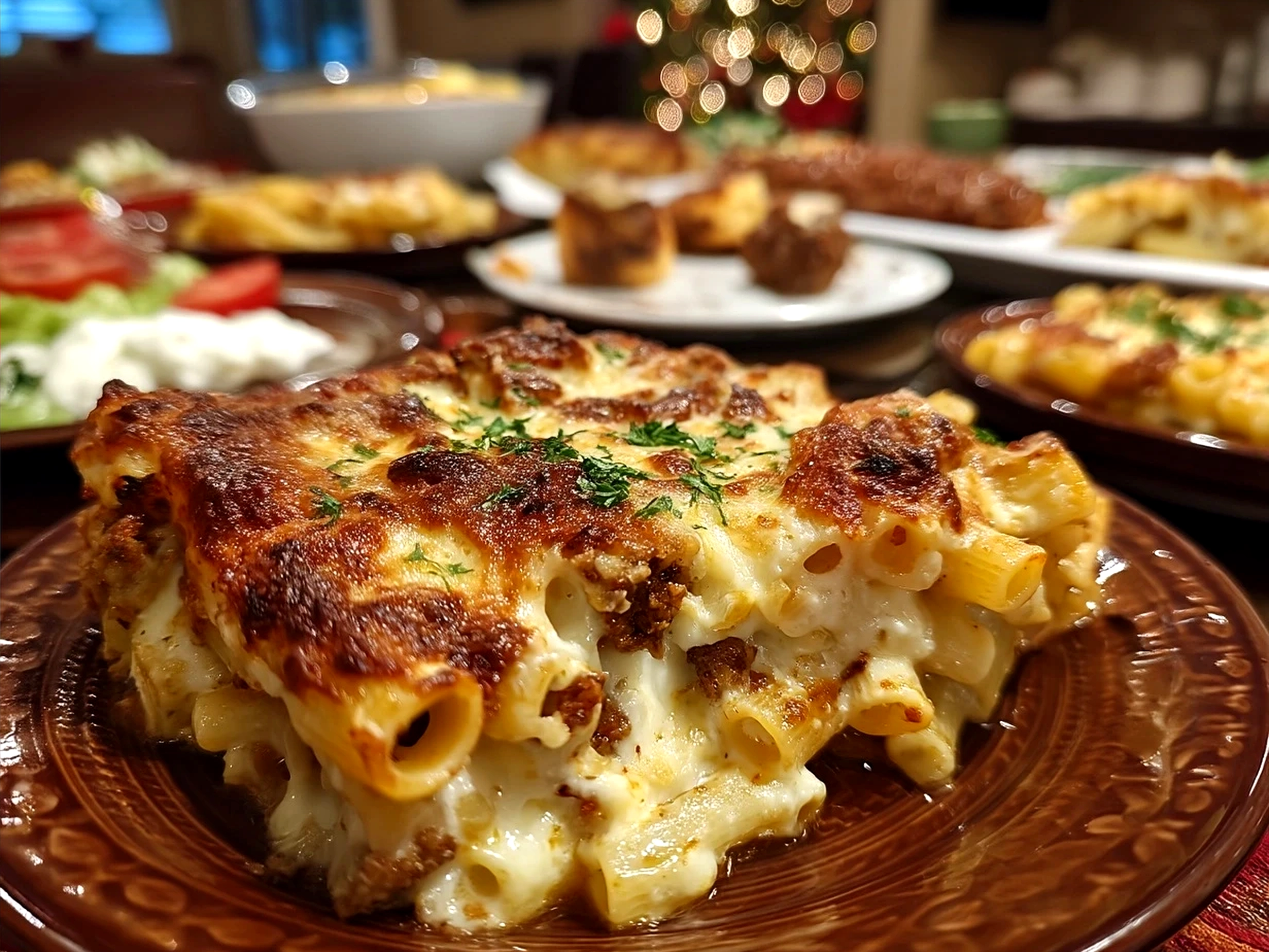 Serving of freshly baked ziti pasta casserole with melted cheese and garnish