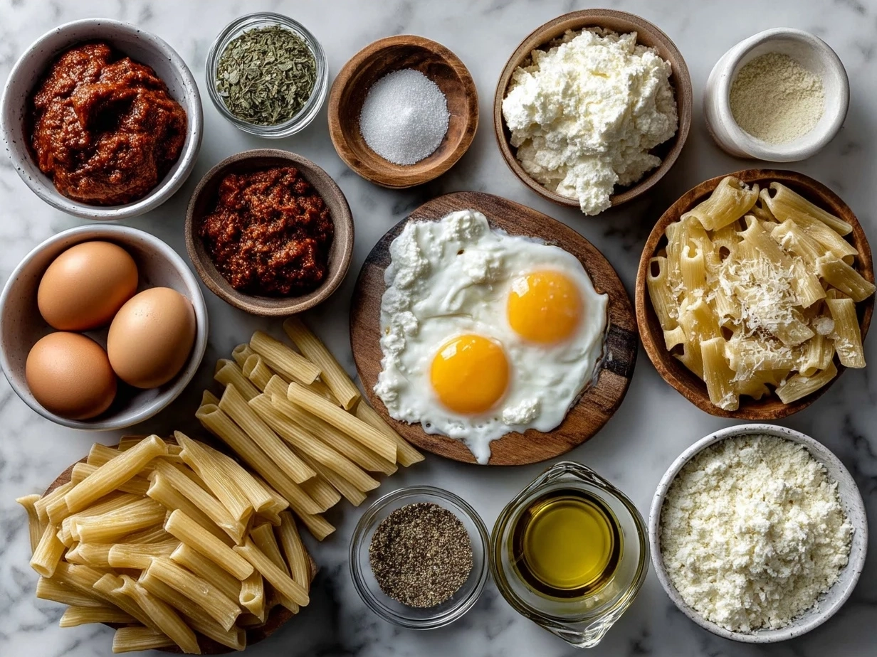 Ingredients needed for baked ziti on a kitchen countertop
