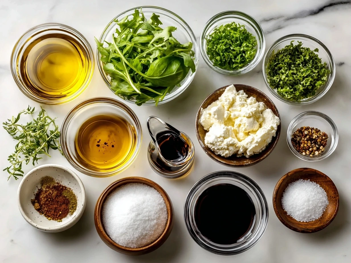 Ingredients for a simple homemade balsamic vinaigrette recipe including olive oil, balsamic vinegar, mustard, honey, garlic, salt, and pepper