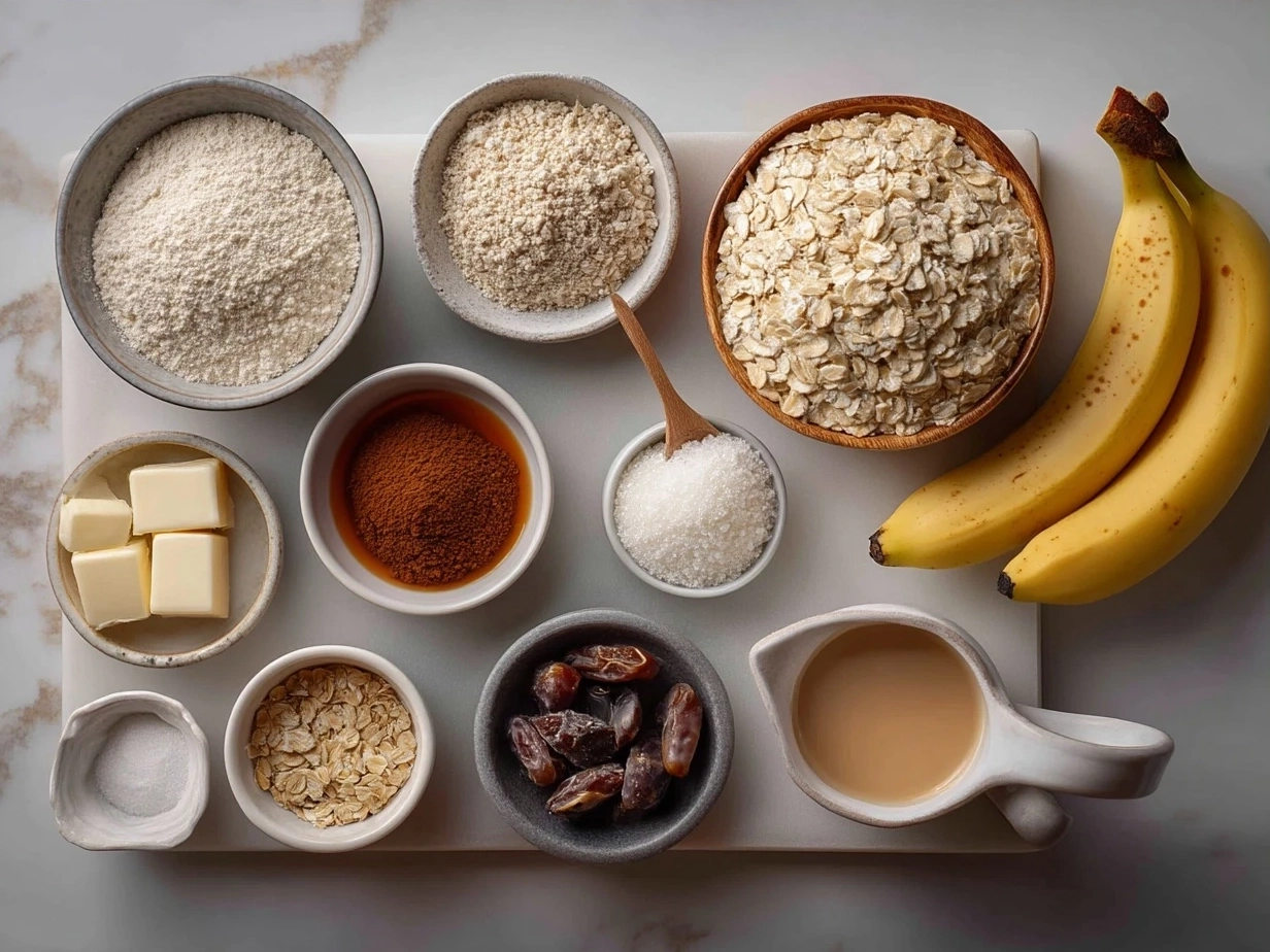 Ingredients for Banana Oatmeal Bars laid out on a table