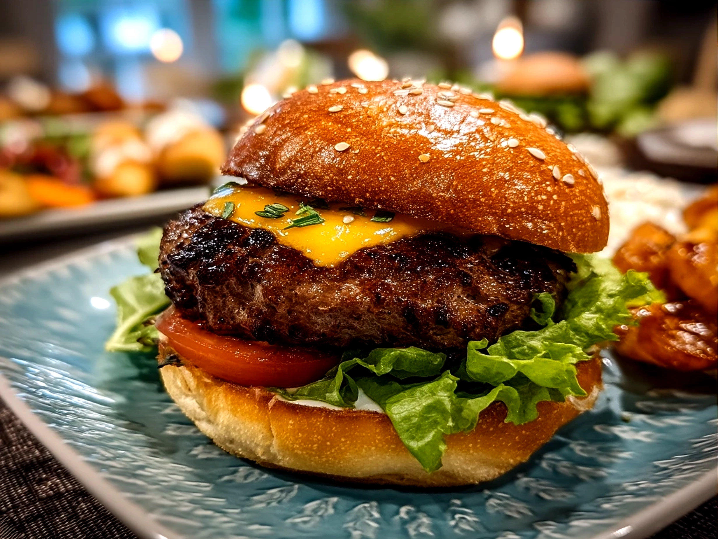 Served Beef Burger with fresh lettuce, tomato, and melted cheese