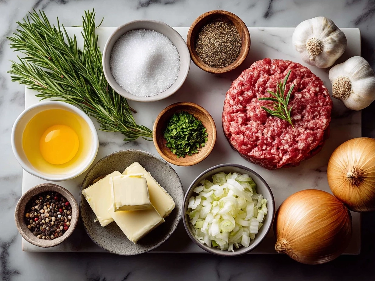 Ingredients for Beef Burger: ground beef, spices, buns, cheese, and fresh toppings