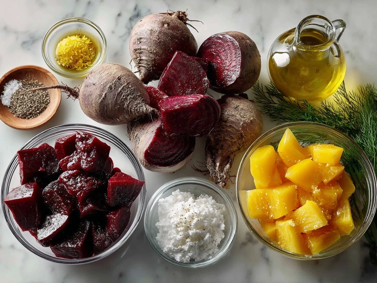 Ingredients for beet salad displayed: beets, olive oil, salt, pepper, goat cheese, walnuts, balsamic vinegar, dijon mustard, honey, parsley.