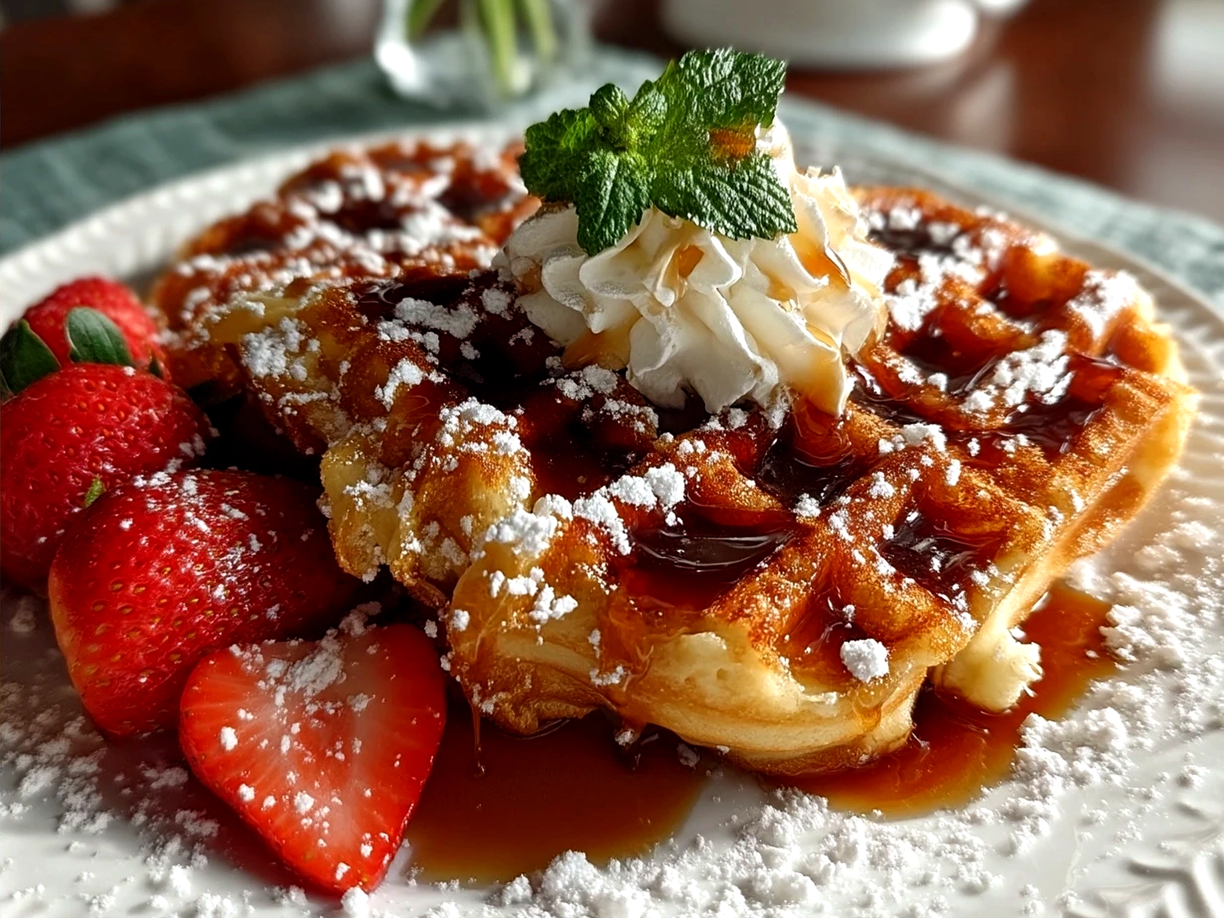 Served Belgian Waffles with fresh berry compote and whipped cream