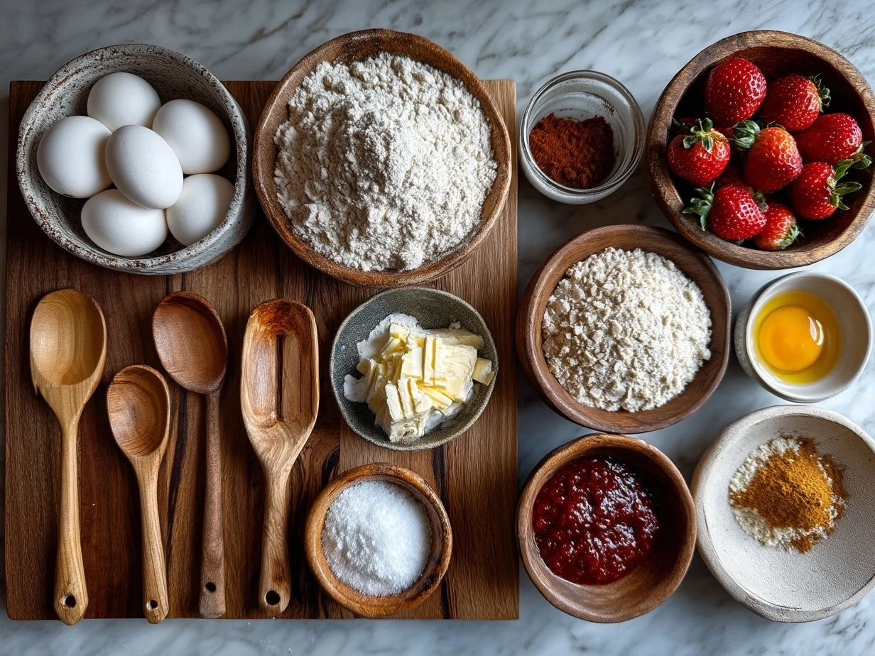 Ingredients for Belgian Waffles including eggs, milk, pearl sugar, yeast, and butter