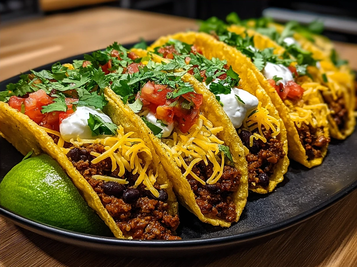 Final presentation of Black Bean Tacos garnished with fresh cilantro and lime wedges