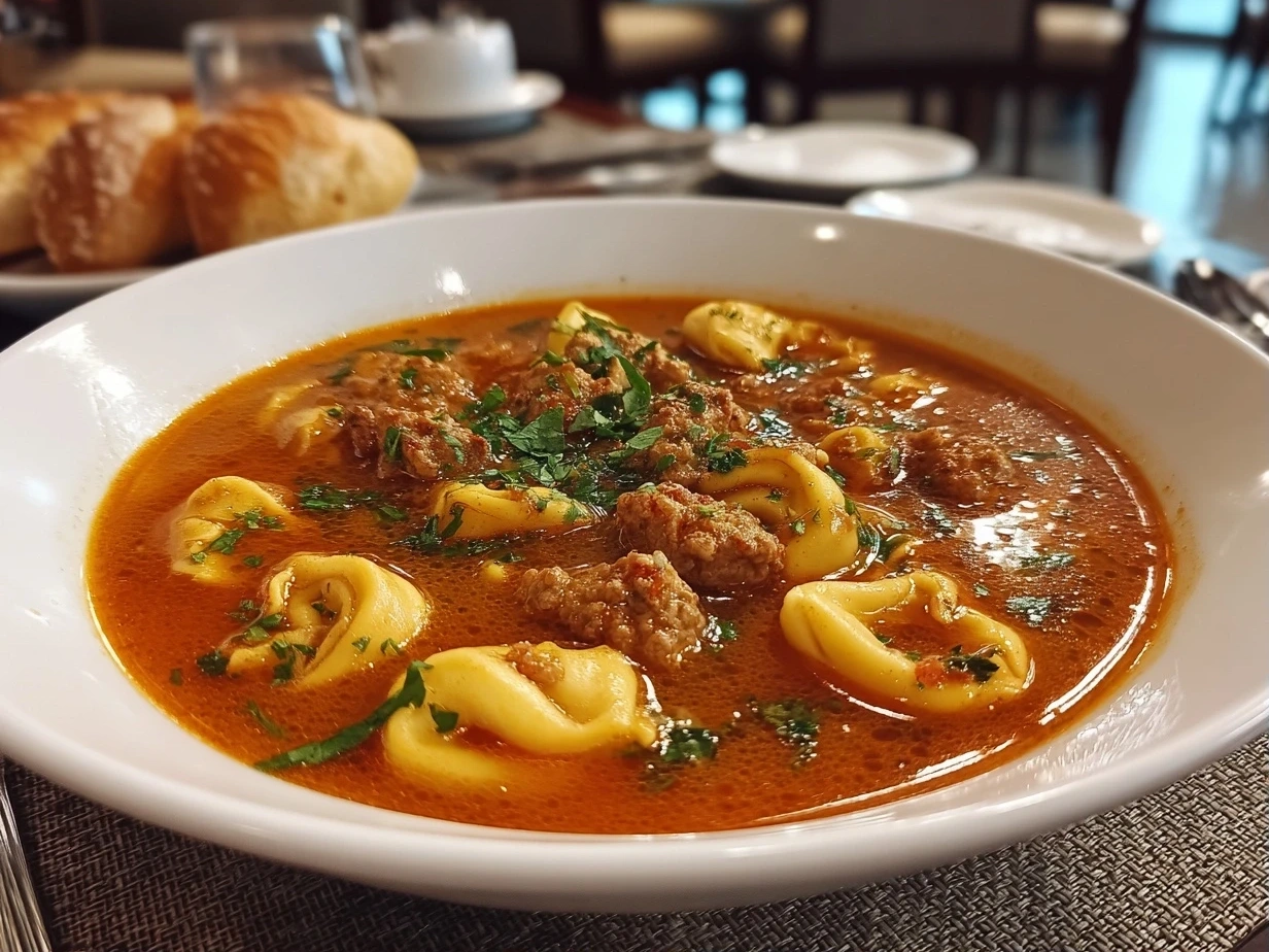 Bowl of Homemade Sausage and Tortellini Soup