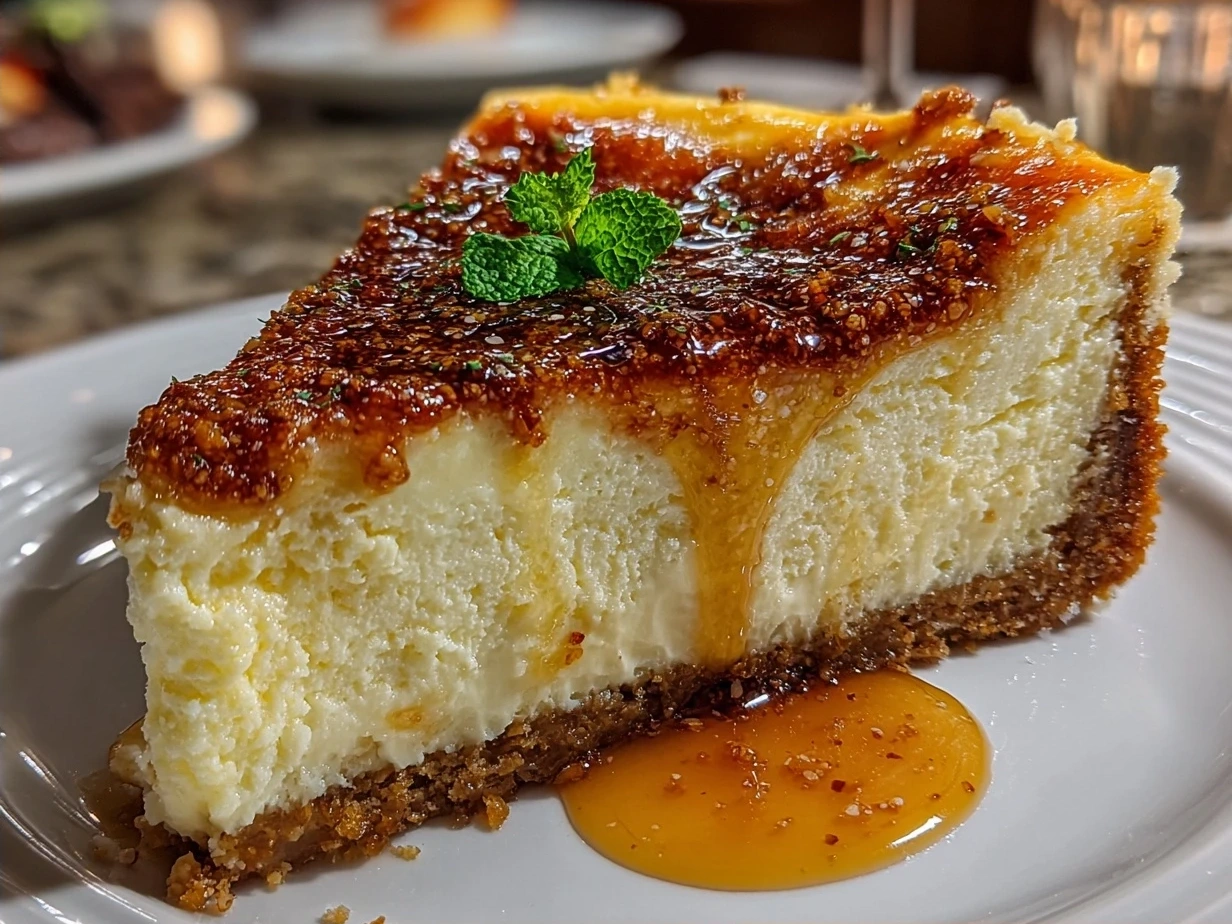 Finished Brown Butter Cheesecake ready to serve with a perfectly golden top