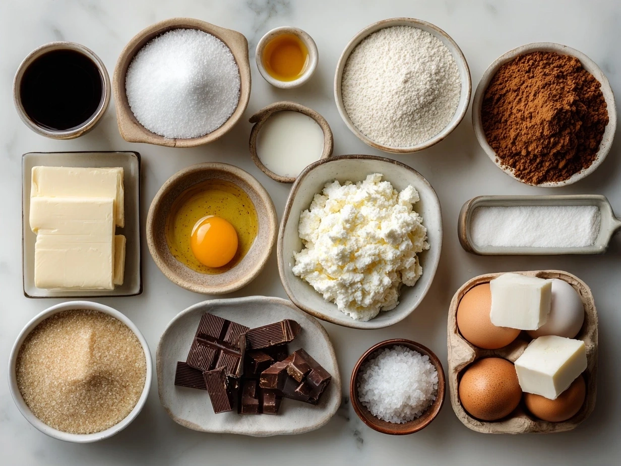 Ingredients for Brown Butter Cheesecake including graham cracker crumbs, butter, cream cheese, eggs and spices