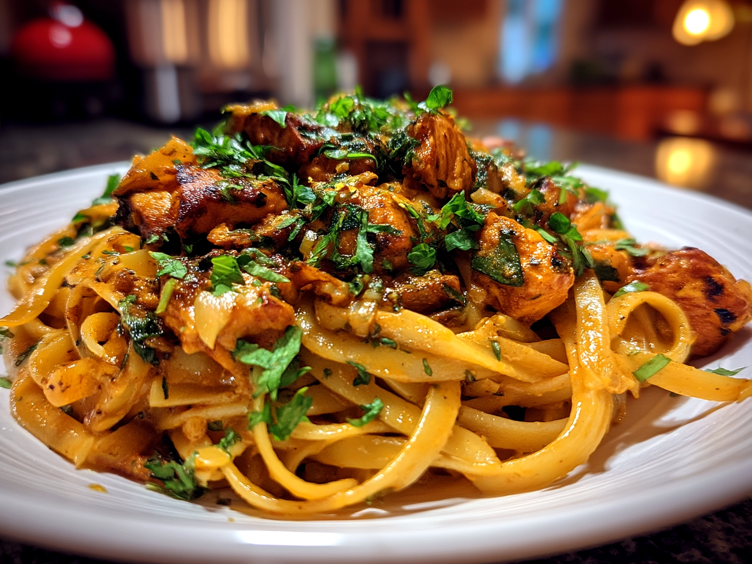 Serving of Butter Chicken Linguine garnished with fresh coriander and creamy sauce