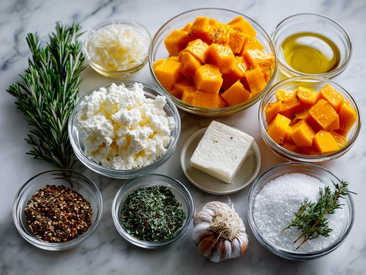 Butternut squash, herbs, spices, cheese, and other ingredients laid out for making lasagna