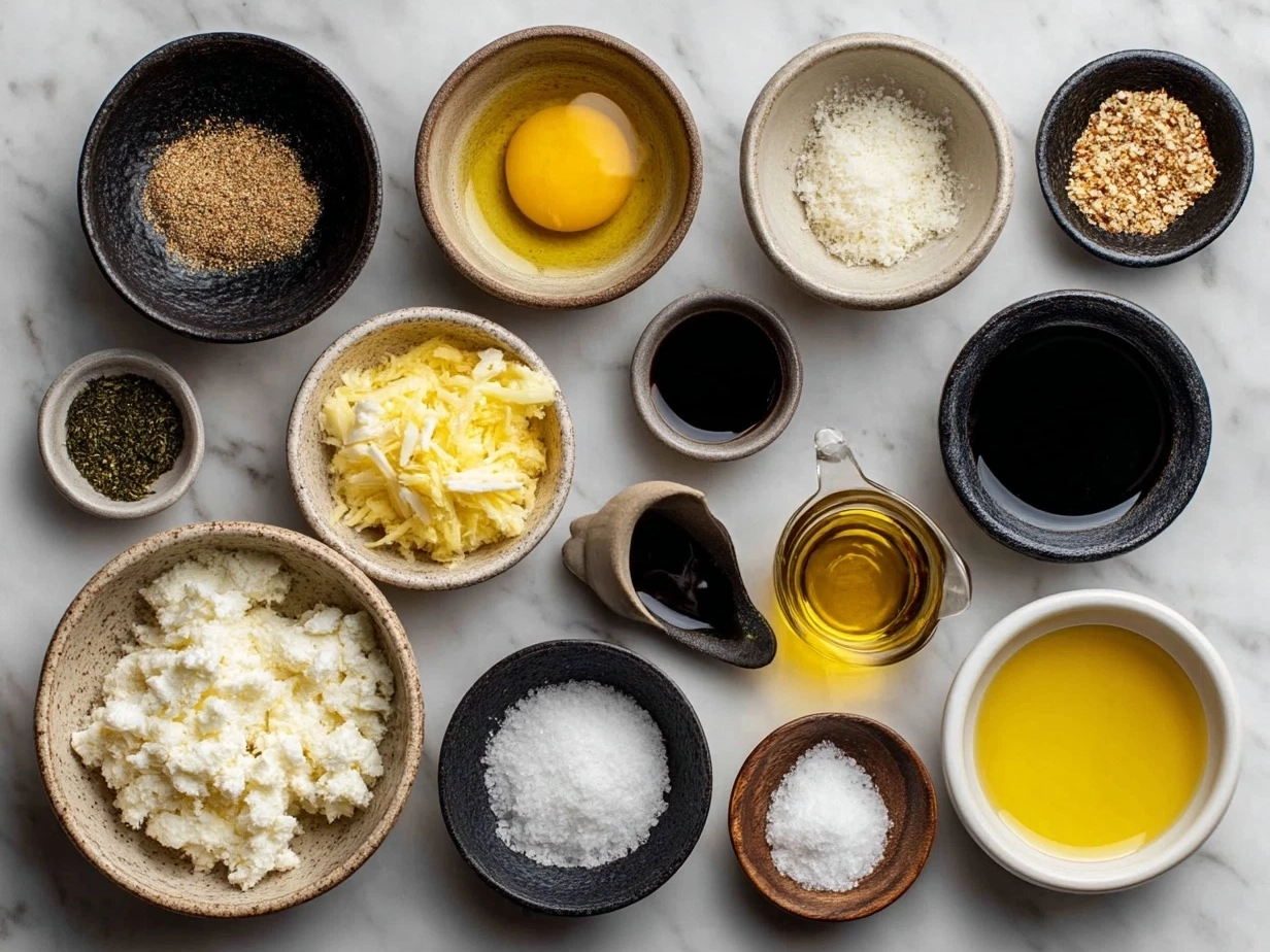 Fresh ingredients laid out for making Caesar Dressing including eggs, anchovies, garlic, lemon, olive oil, and Parmesan cheese