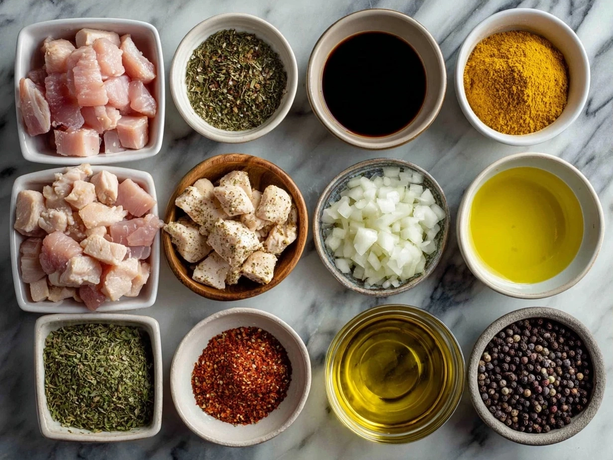 Fresh ingredients including chicken, bell pepper, garlic, and spices prepared for Cajun Chicken Pasta