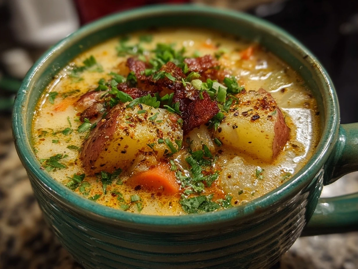 Final bowl of creamy Cajun Potato Soup garnished with green onions