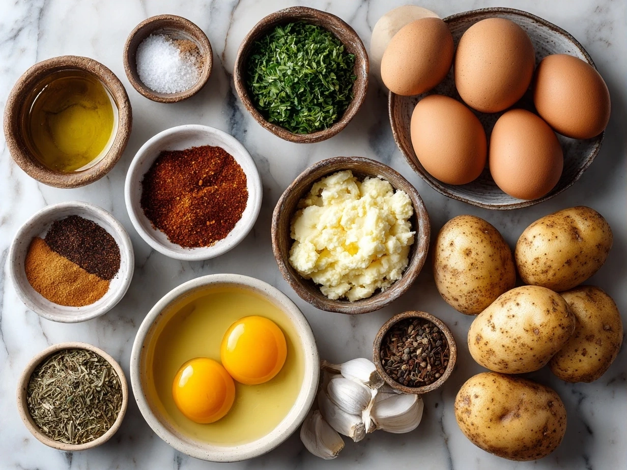 Ingredients for Cajun Potato Soup including potatoes, onions, celery, garlic, and spices