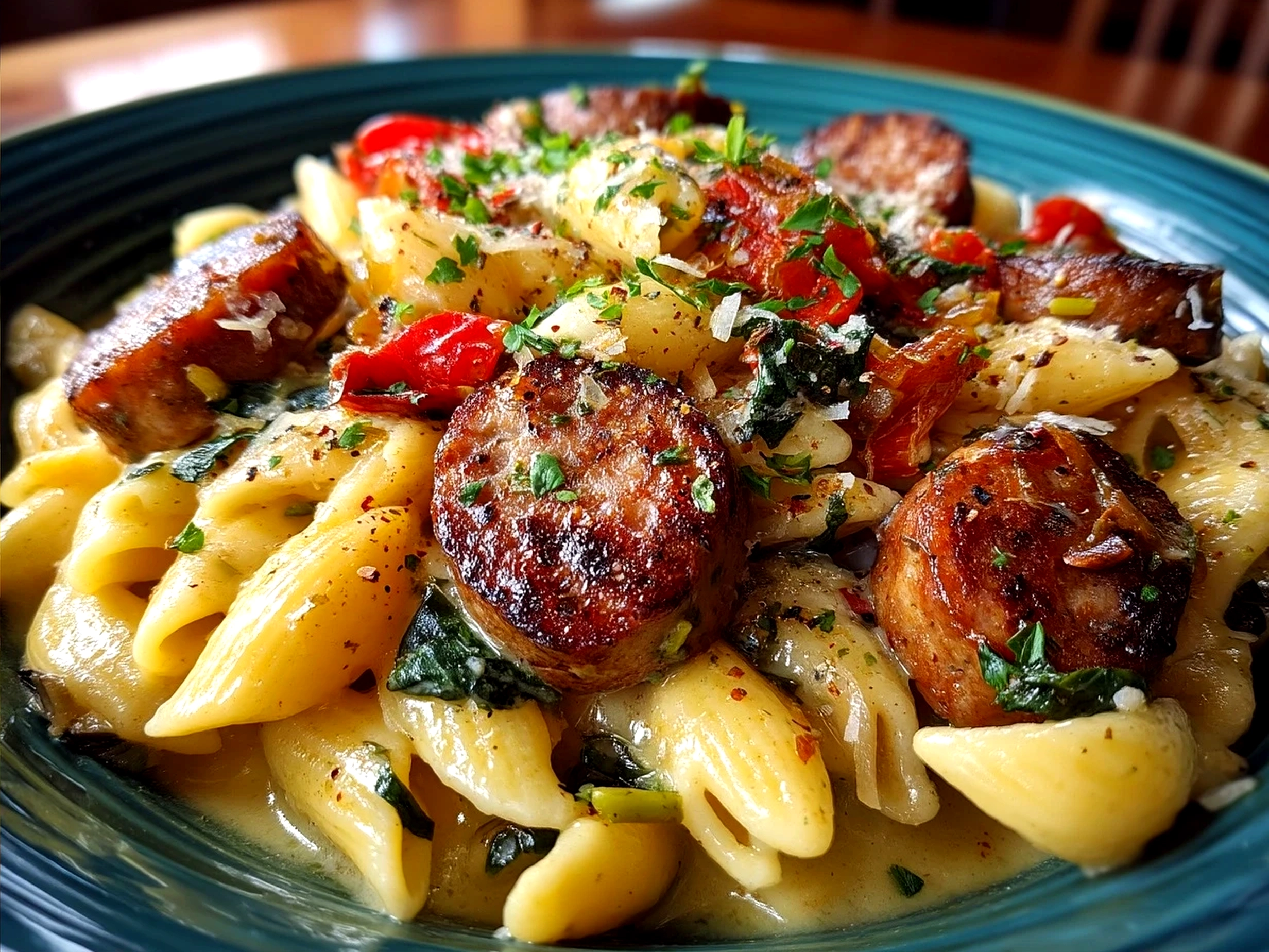 Serving of creamy Cajun Sausage Pasta garnished with fresh parsley alongside a side salad