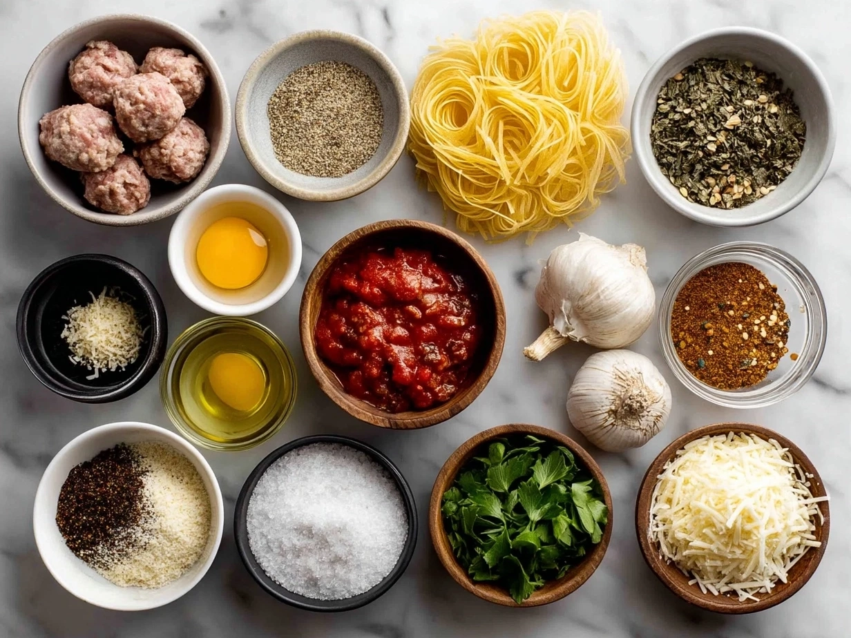 Ingredients for Cajun Sausage Pasta including smoked Andouille sausage, penne pasta, bell pepper, cream, onion, garlic, chicken broth, olive oil, and fresh parsley