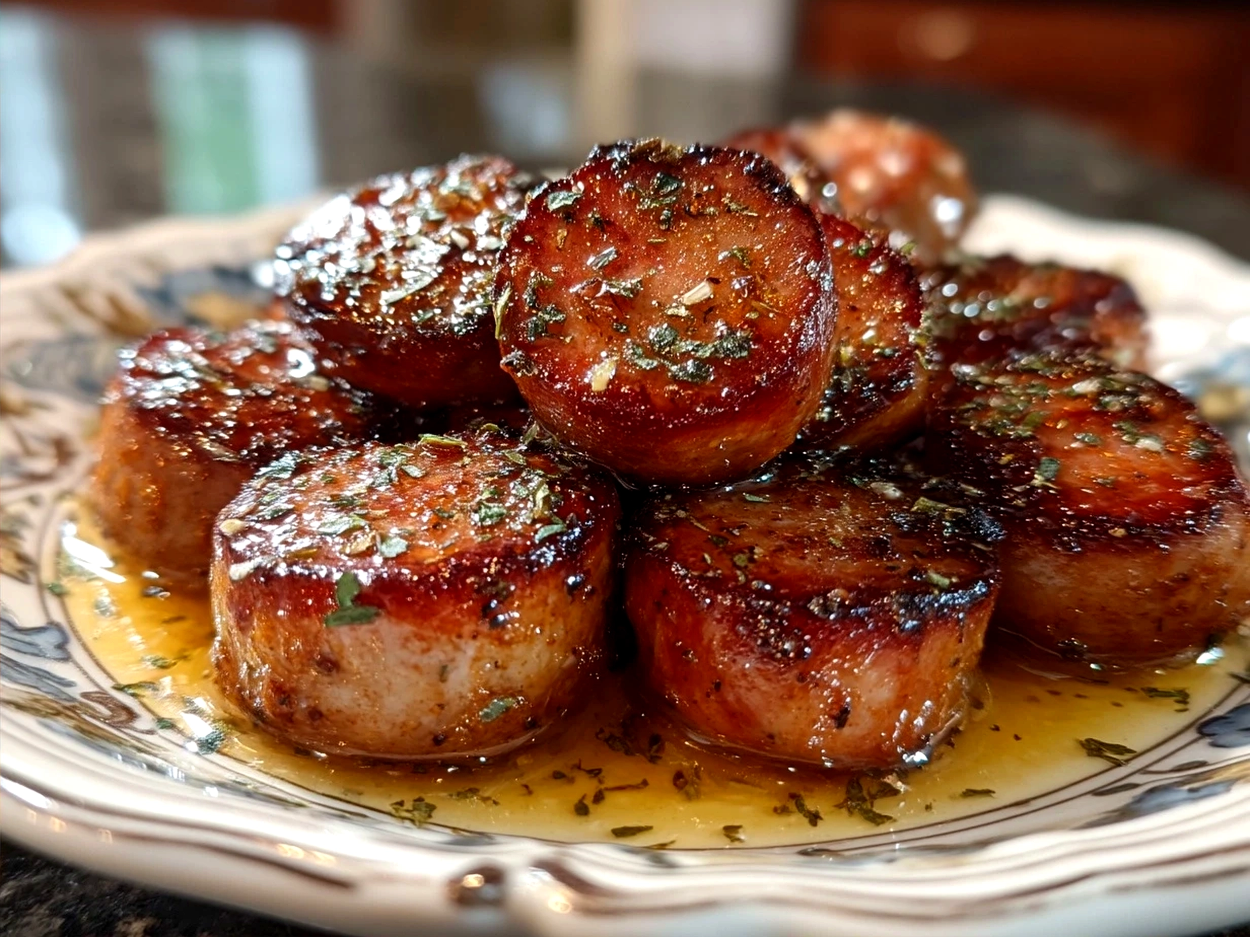 Serving plate of Candied Kielbasa Bites garnished with fresh parsley