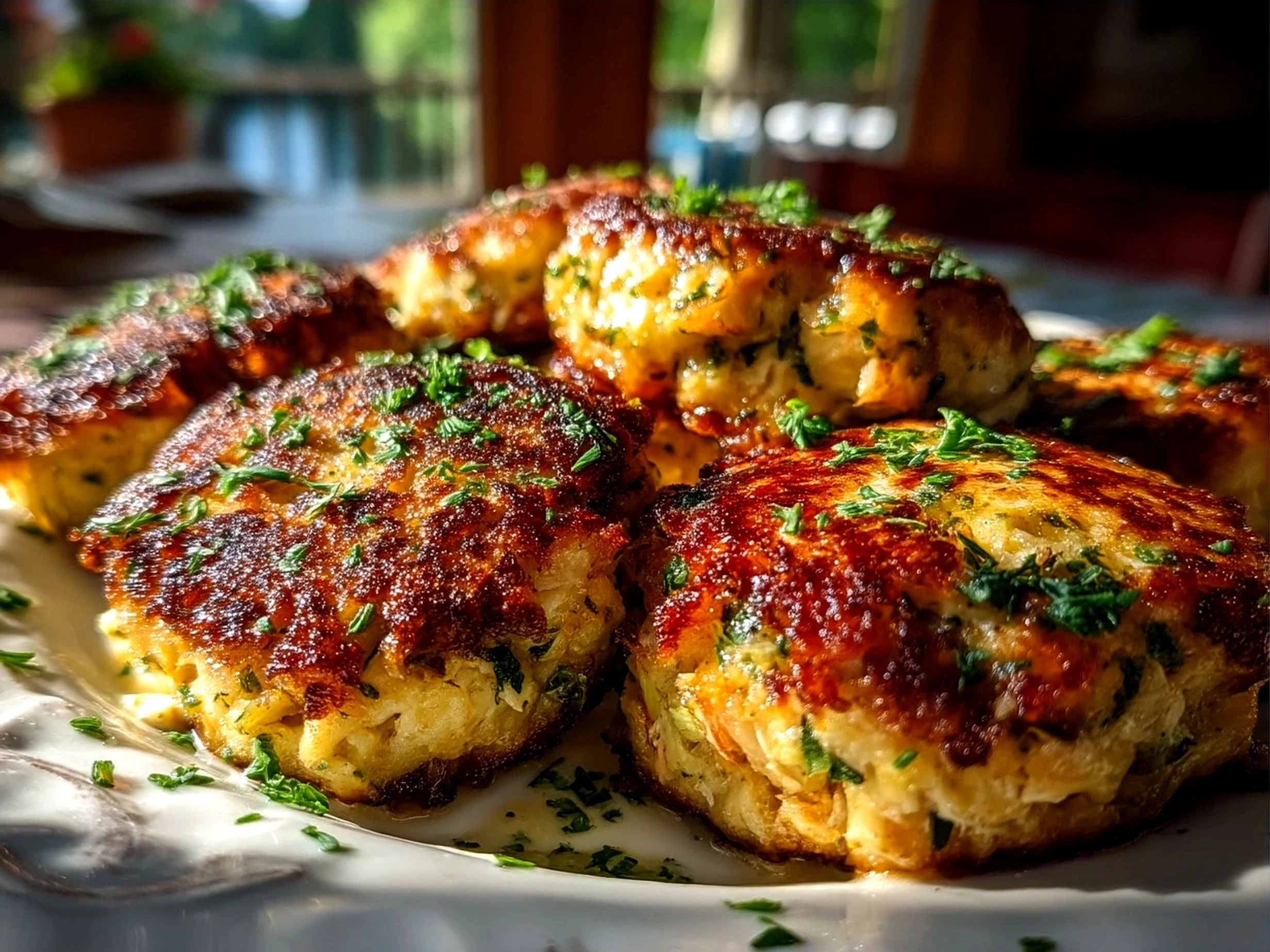 Golden canned salmon cakes served with salad and lemon wedges