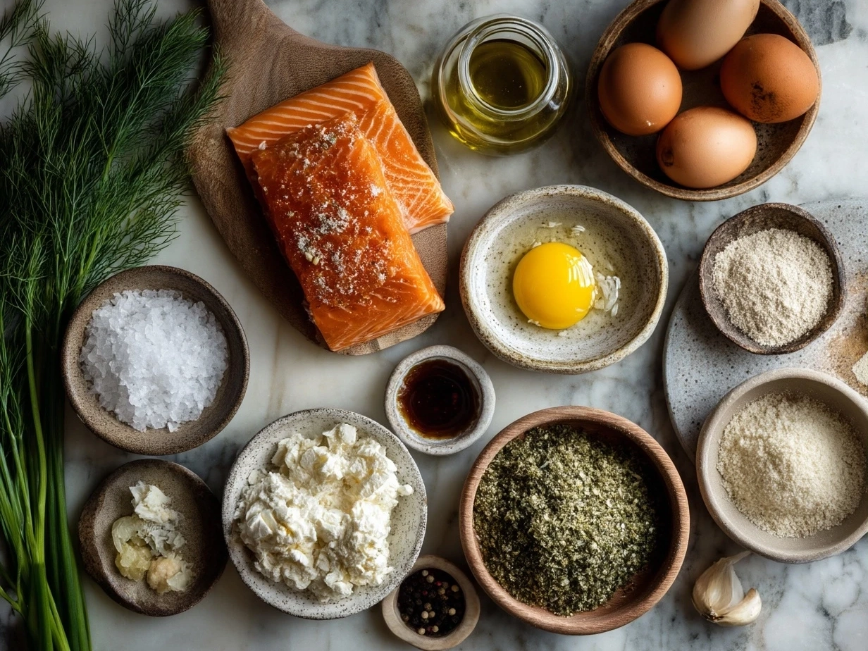 Ingredients for homemade canned salmon cakes including canned salmon, breadcrumbs, eggs, onions, garlic and spices