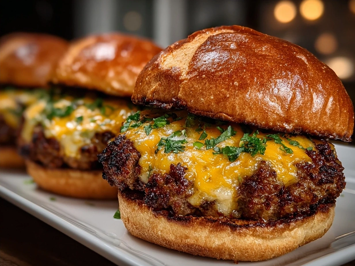 Final assembled Cheddar Jalapeño Burgers with toppings ready to be enjoyed