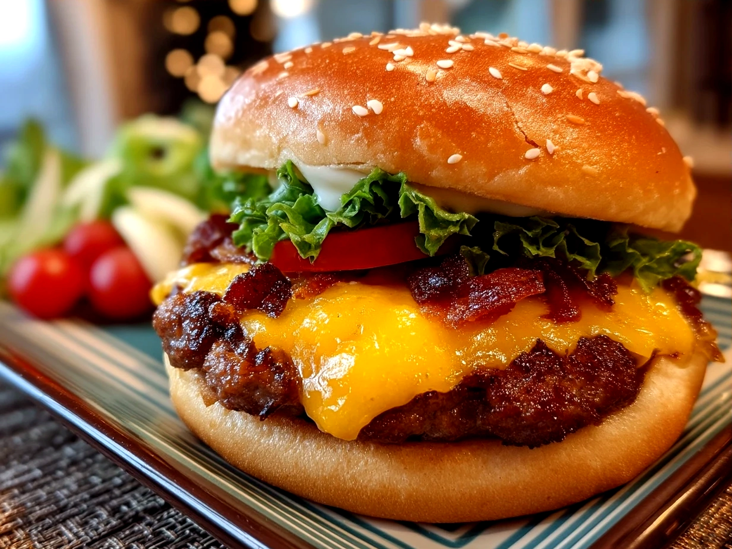 Served cheeseburger baked casserole with melted cheese and toppings