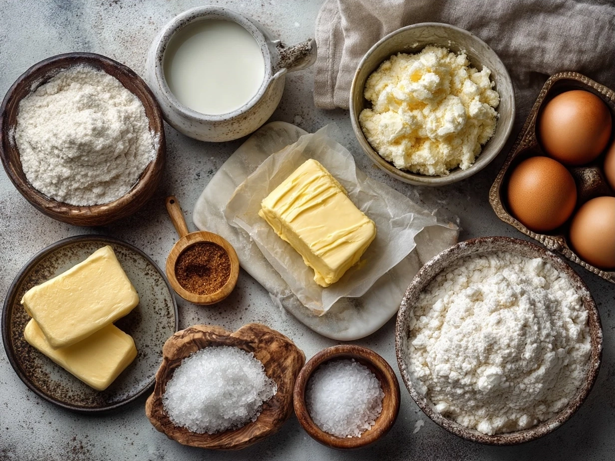 Ingredients for cheeseburger baked recipe including ground beef, cheese, spices, and pasta