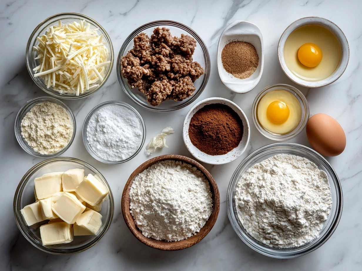 Ingredients for Cheesy Hamburger Potato Soup: ground beef, onion, garlic, chicken broth, potatoes, carrots, celery, thyme, rosemary, paprika, salt, pepper, cheddar cheese, heavy cream, butter, and flour.