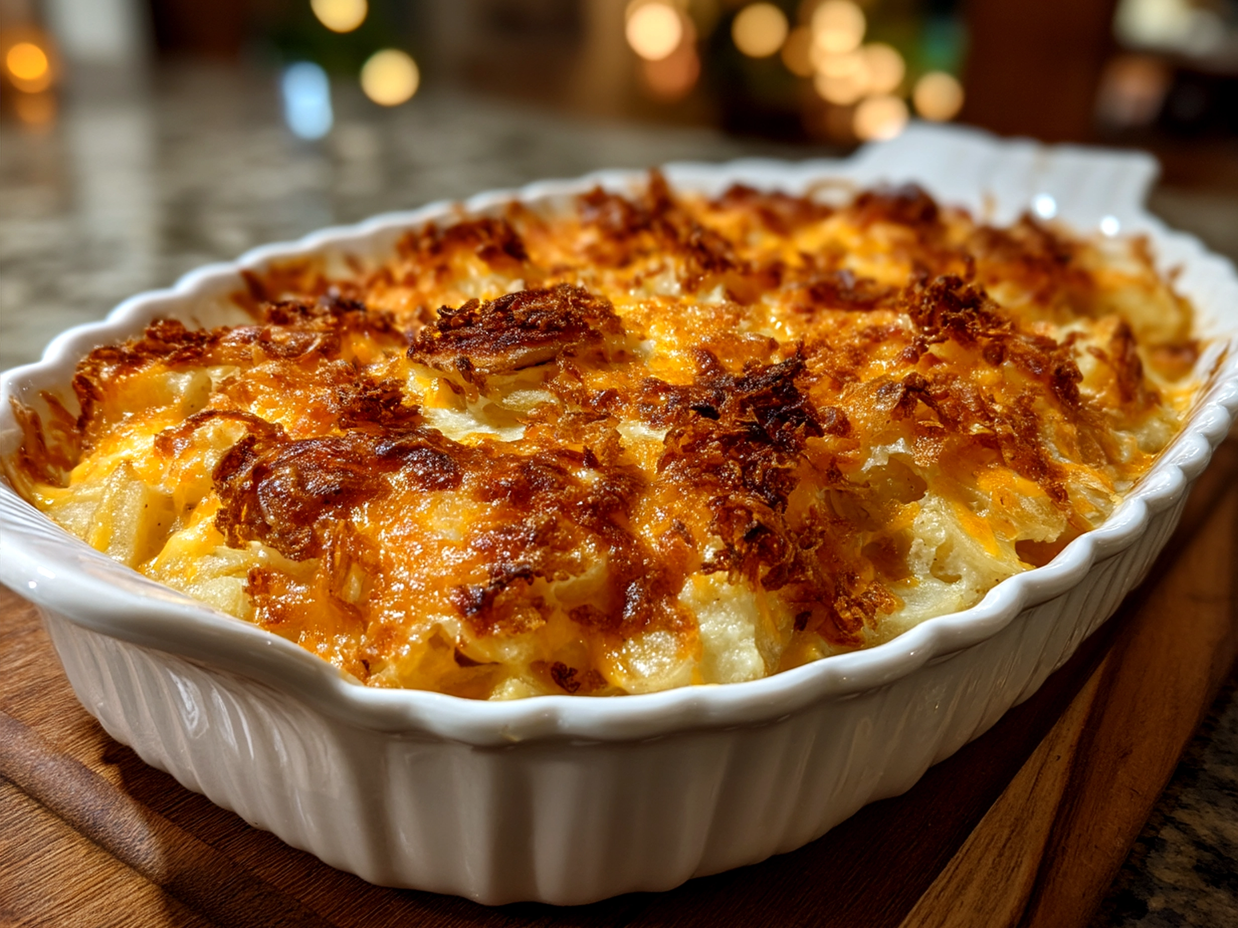 Serving of Cheesy Funeral Potatoes with melted cheese and crispy French fried onions on top