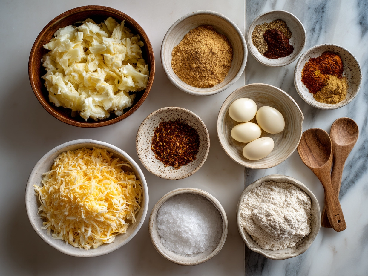 Ingredients for Cheesy Funeral Potatoes including shredded hash browns, cheddar cheese, cream of chicken soup, sour cream, butter, spices, and French fried onions