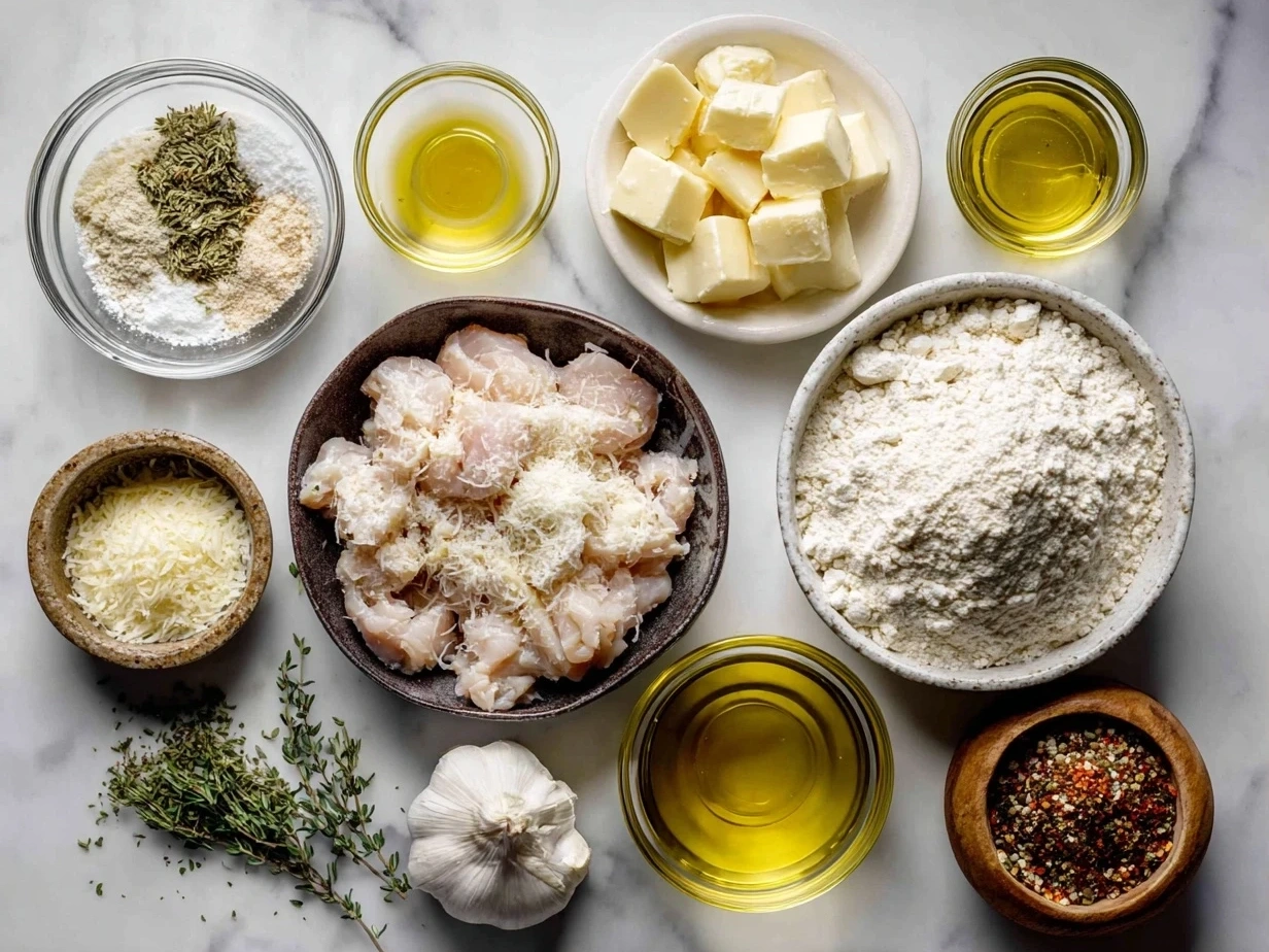 Ingredients for making Chicken Alfredo Soup including chicken, pasta, cream, and spices.