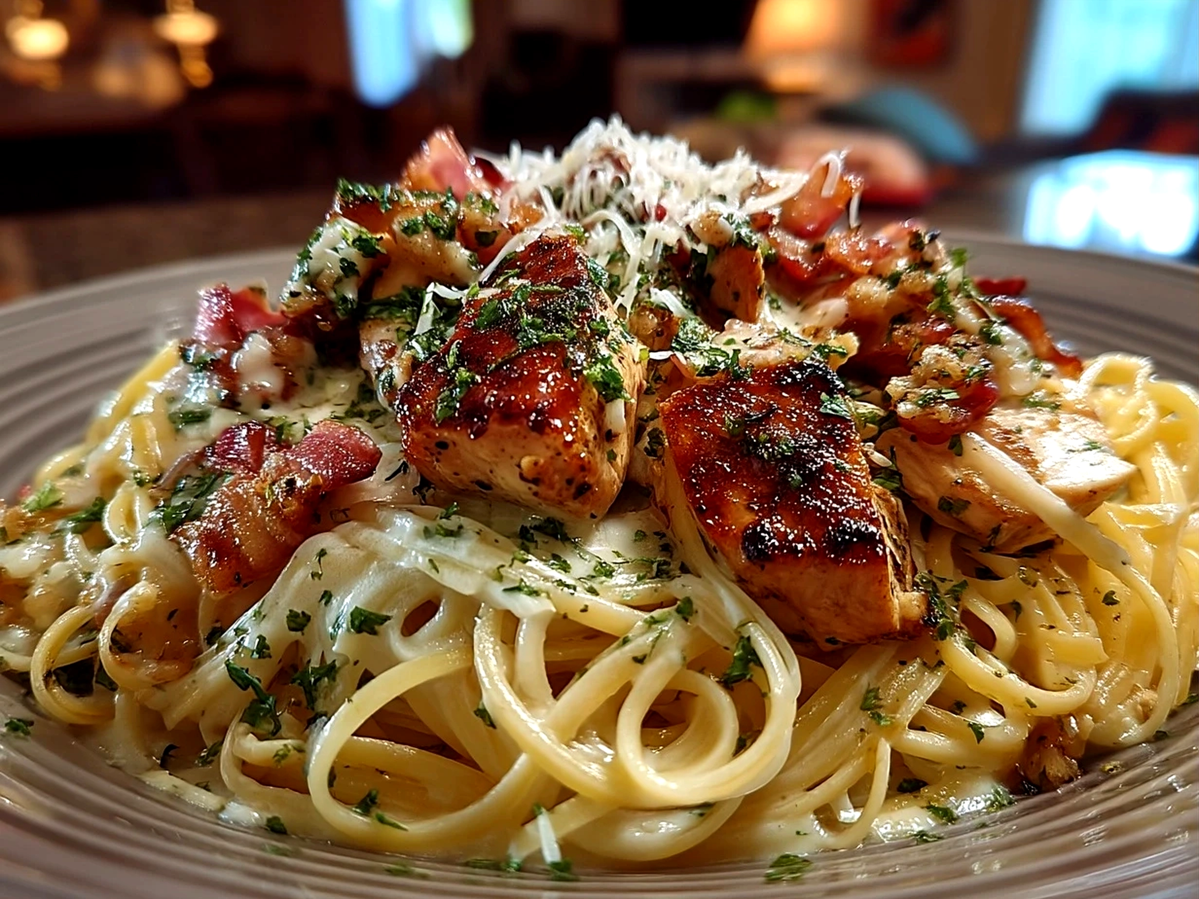 Served Chicken Carbonara garnished with fresh parsley on a plate