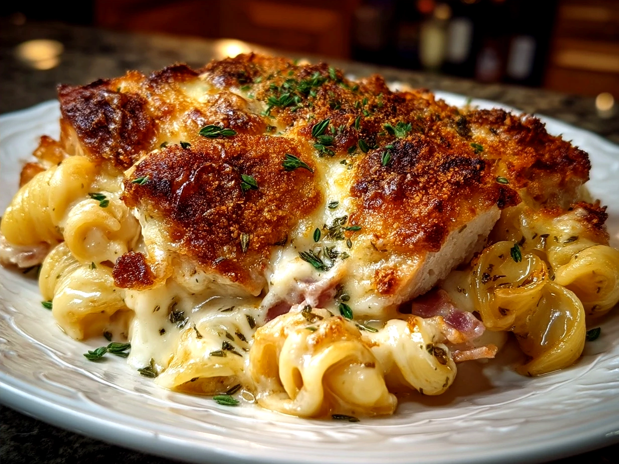 Served Chicken Cordon Bleu Casserole with golden crust and melted cheese