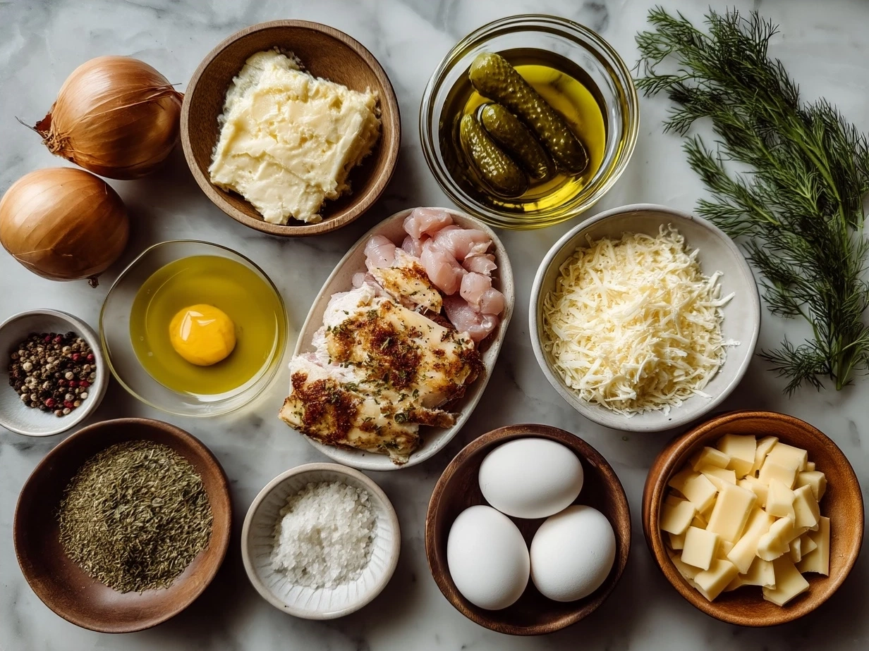 Ingredients for Chicken Cordon Bleu Casserole, including chicken, ham, Swiss cheese, crackers, and spices