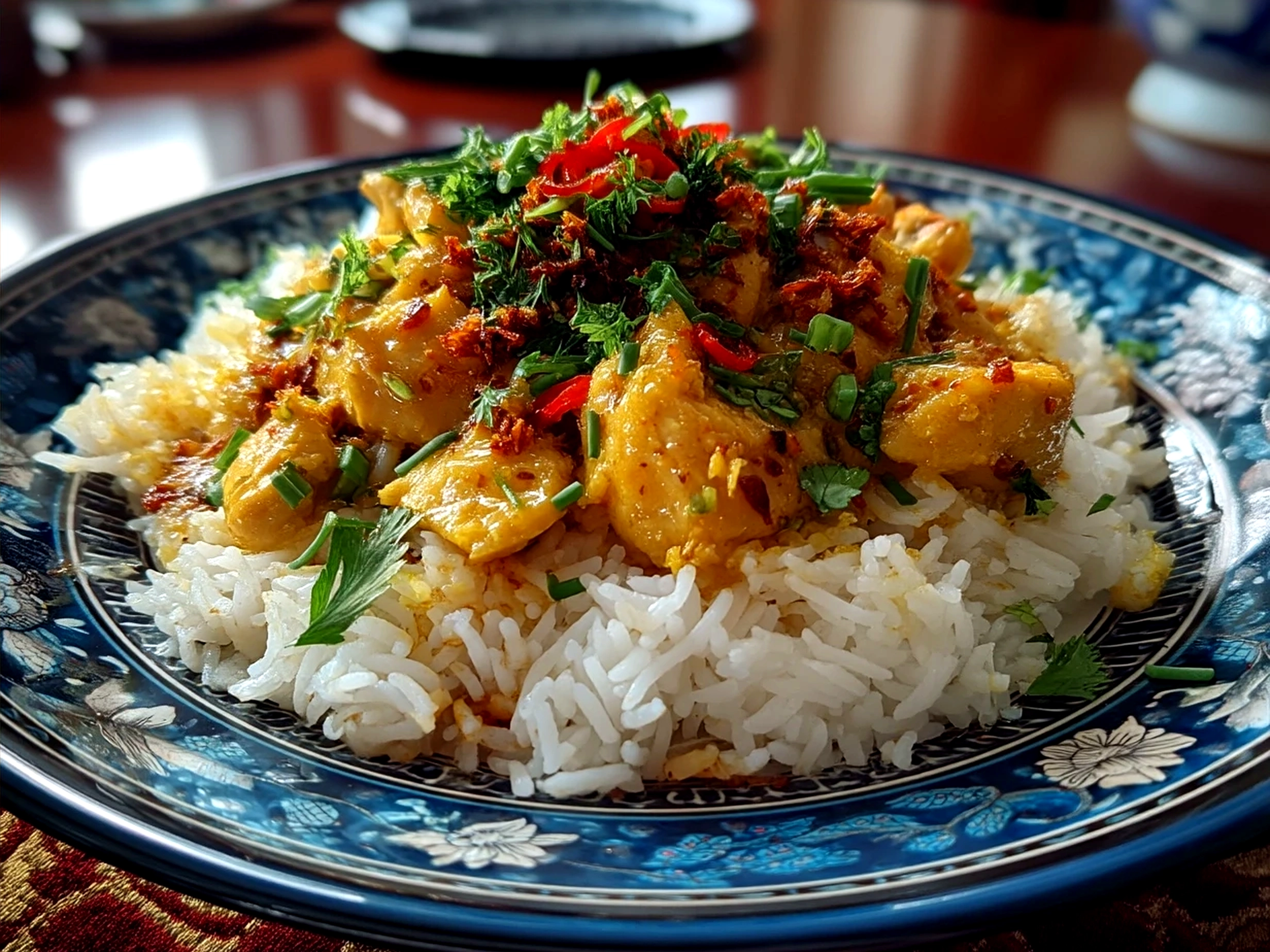 Serving of Chicken Ginger Rice garnished with sliced green onions, ready to eat