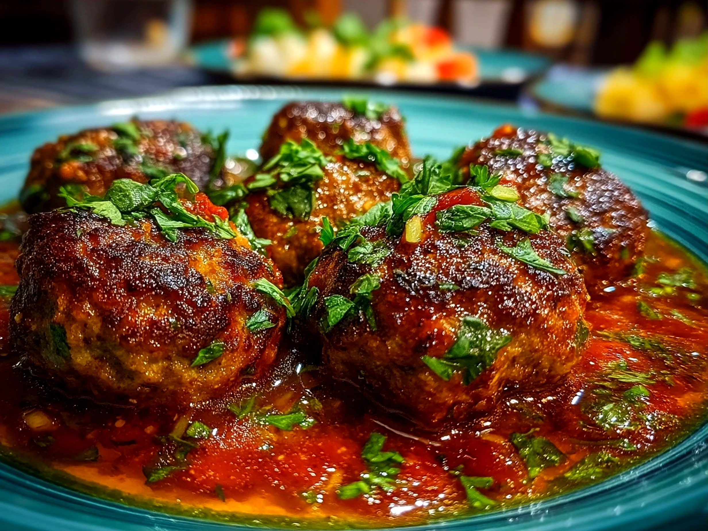 Plated Chicken Kofta Meatballs served with garnishes