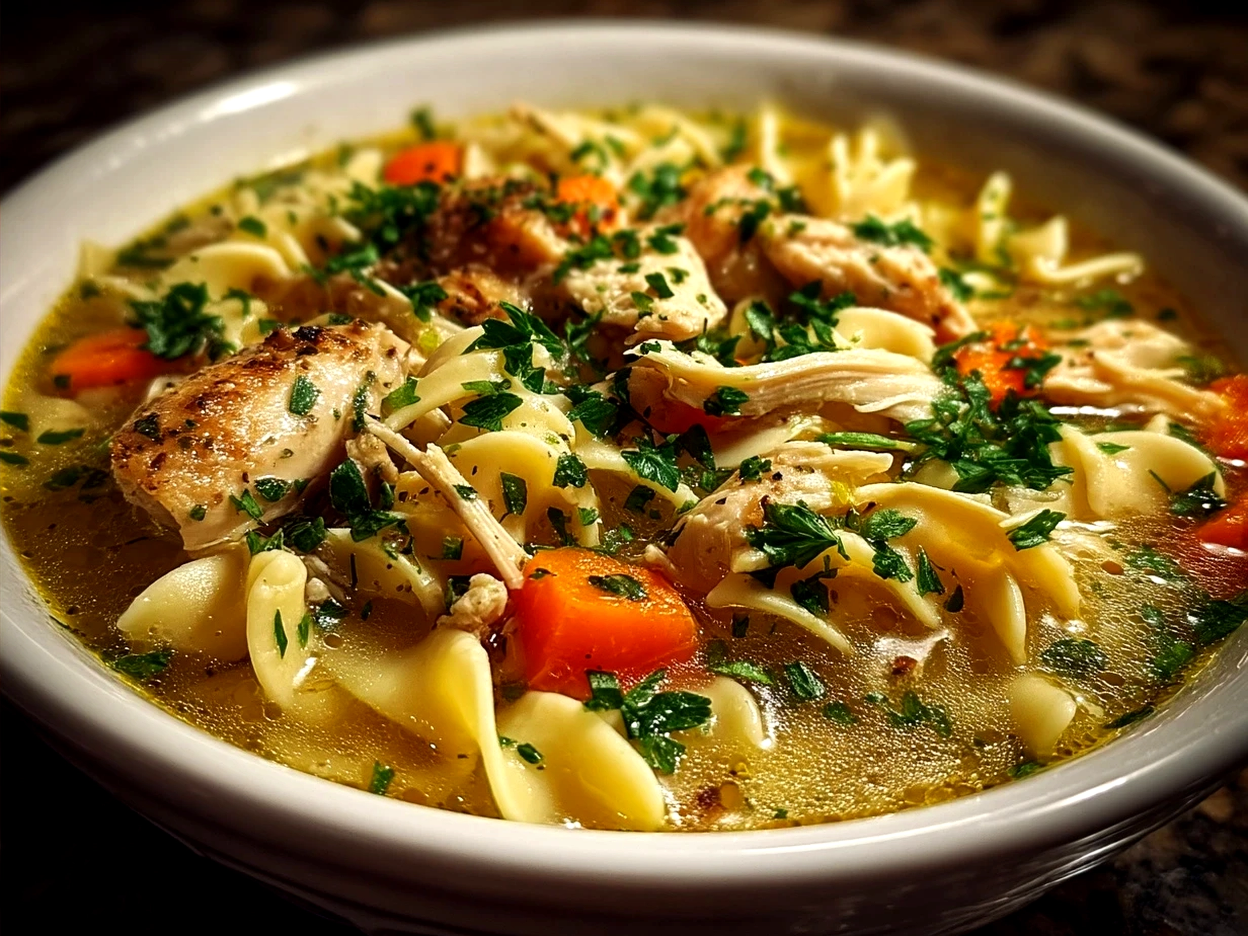 Final serving of classic chicken noodle soup garnished with fresh parsley and served in a shallow bowl